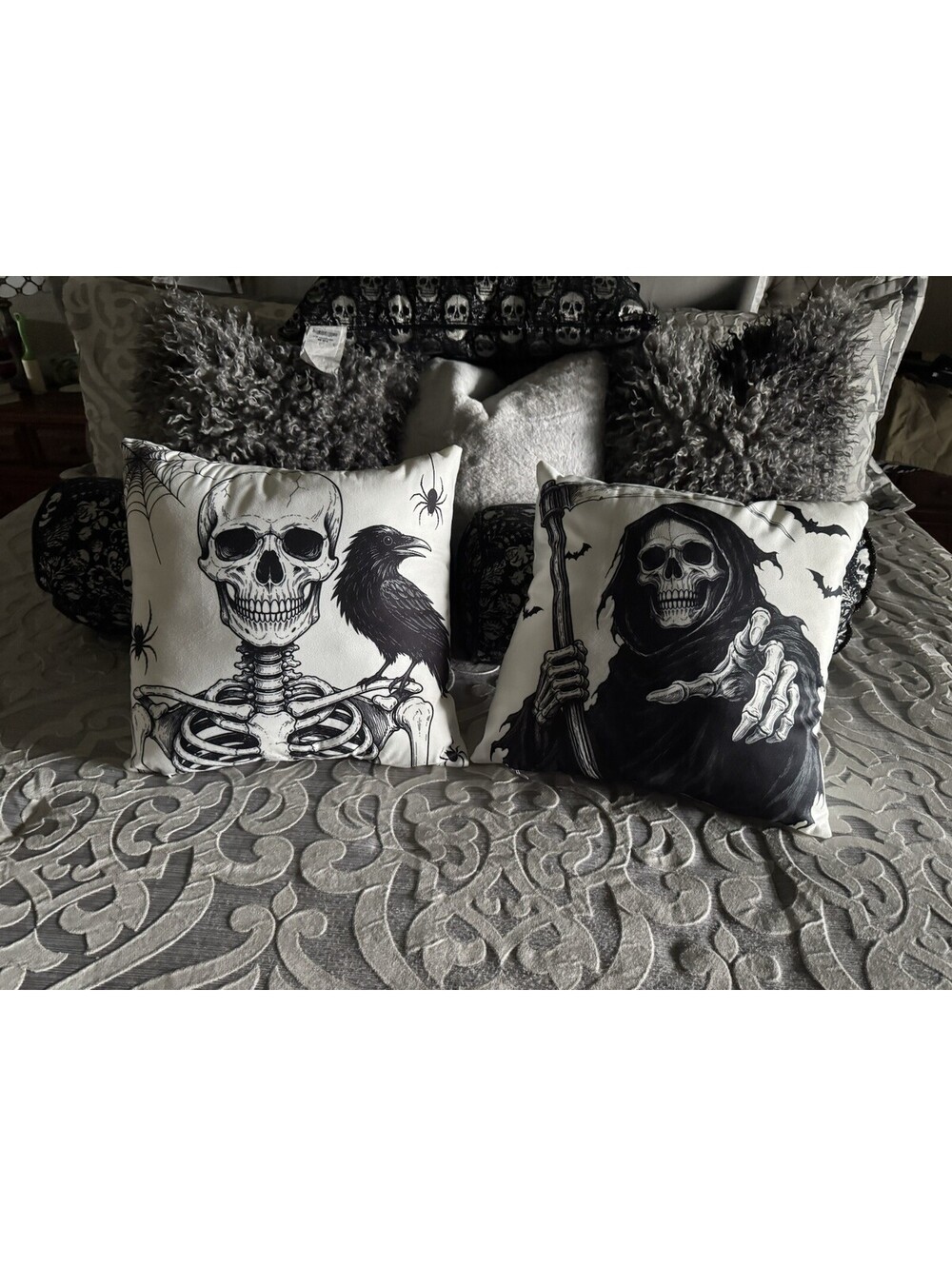 New Pair Of Skeleton Grim Reaper Throw Pillow 16" x 16" Indoor Outdoor Halloween